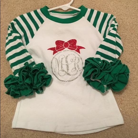 Monogram Ruffle Shirt Green & White Stripes - Picture 1 of 3